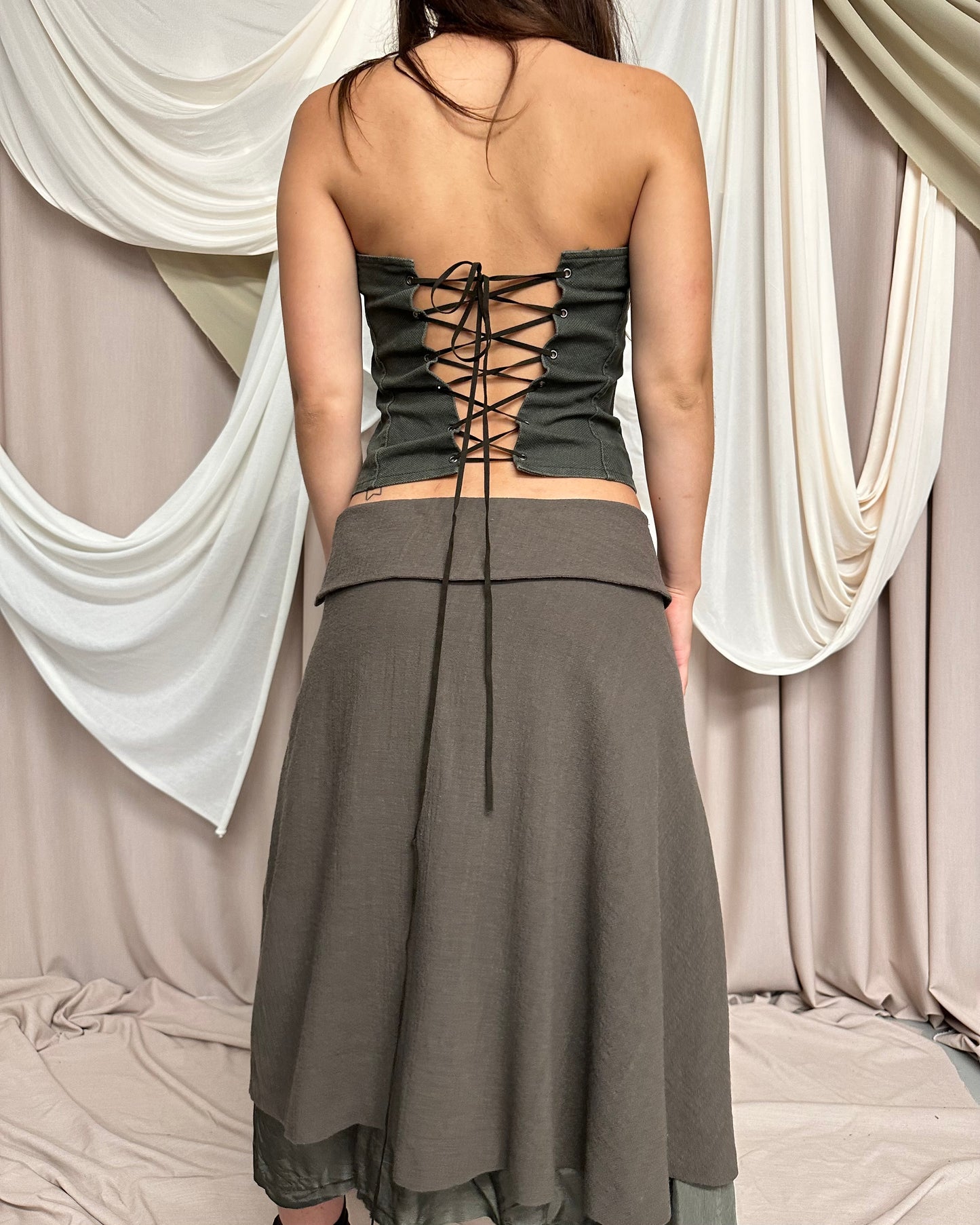 KHAKI STRUCTURED LACE UP CORSET WITH BROWN SUEDE TIES