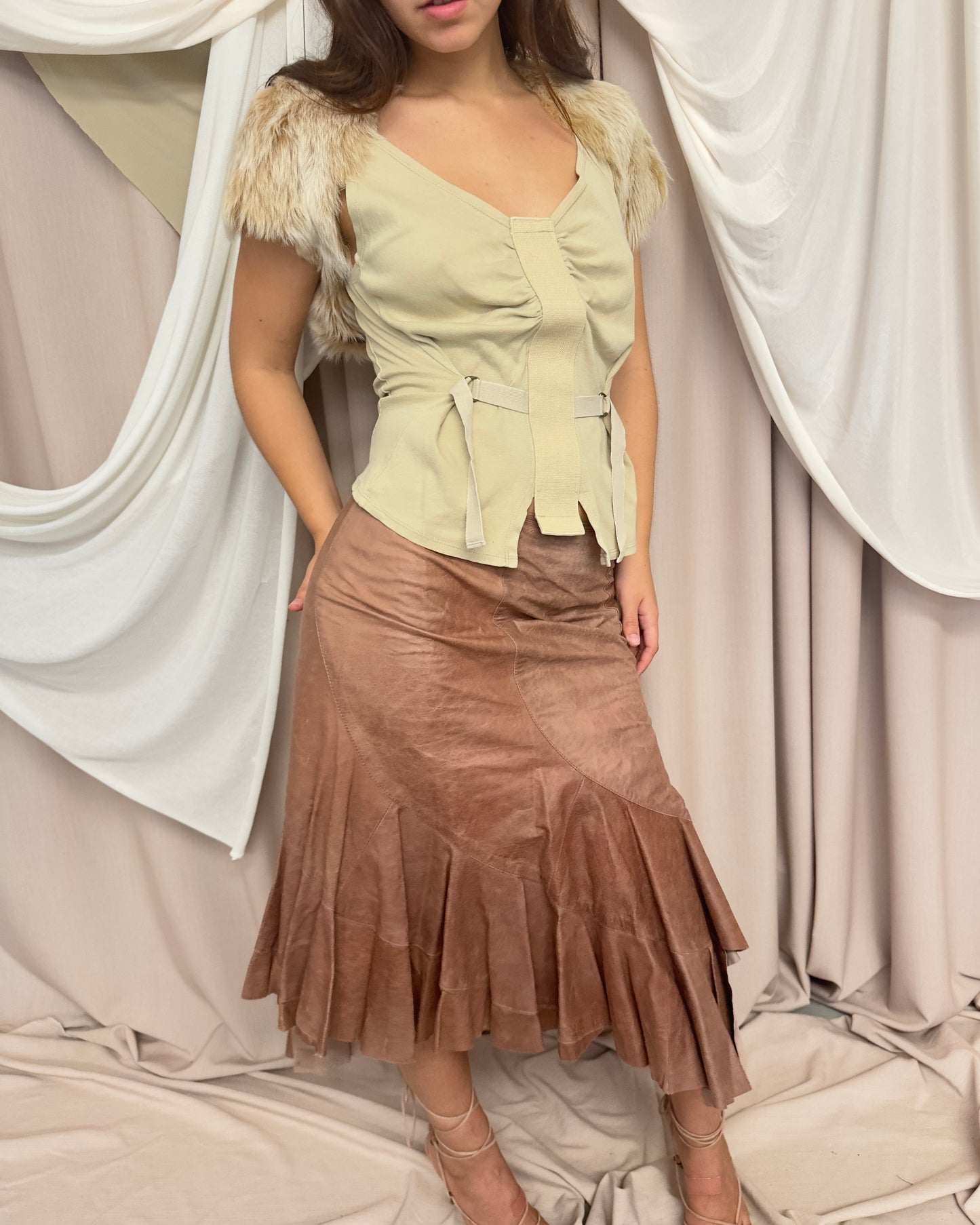 LEATHER MIDI SKIRT WITH ASYMMETRICAL RAW CUT HEM by Plein Sud