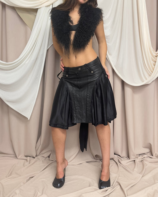 PANELLED LEATHER AND SATIN MIDI SKIRT WITH ASYMMETRICAL HEM