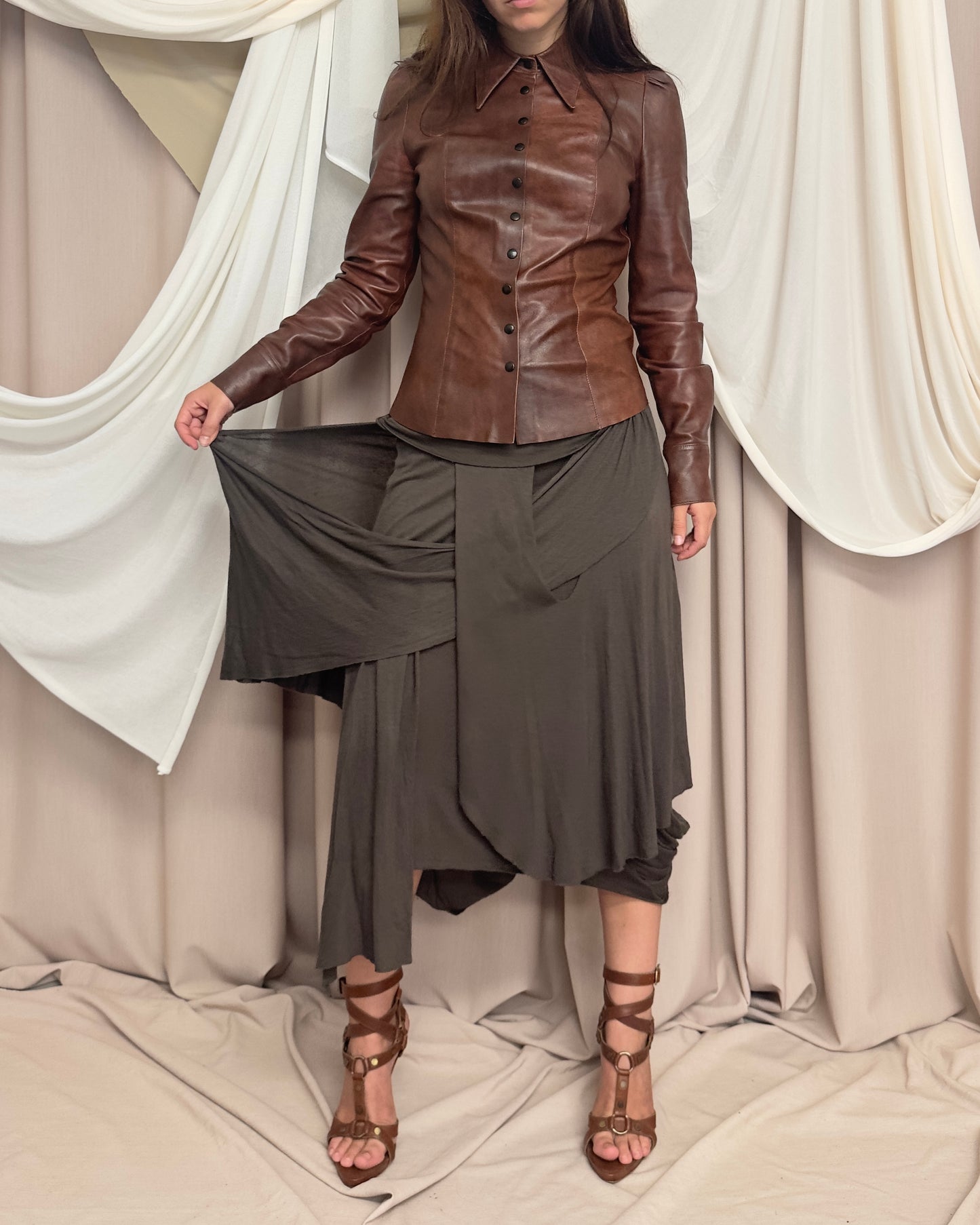 SOFT DRAPE JERSEY MIDI SKIRT WITH POINTED ASYMMETRICAL HEMS
