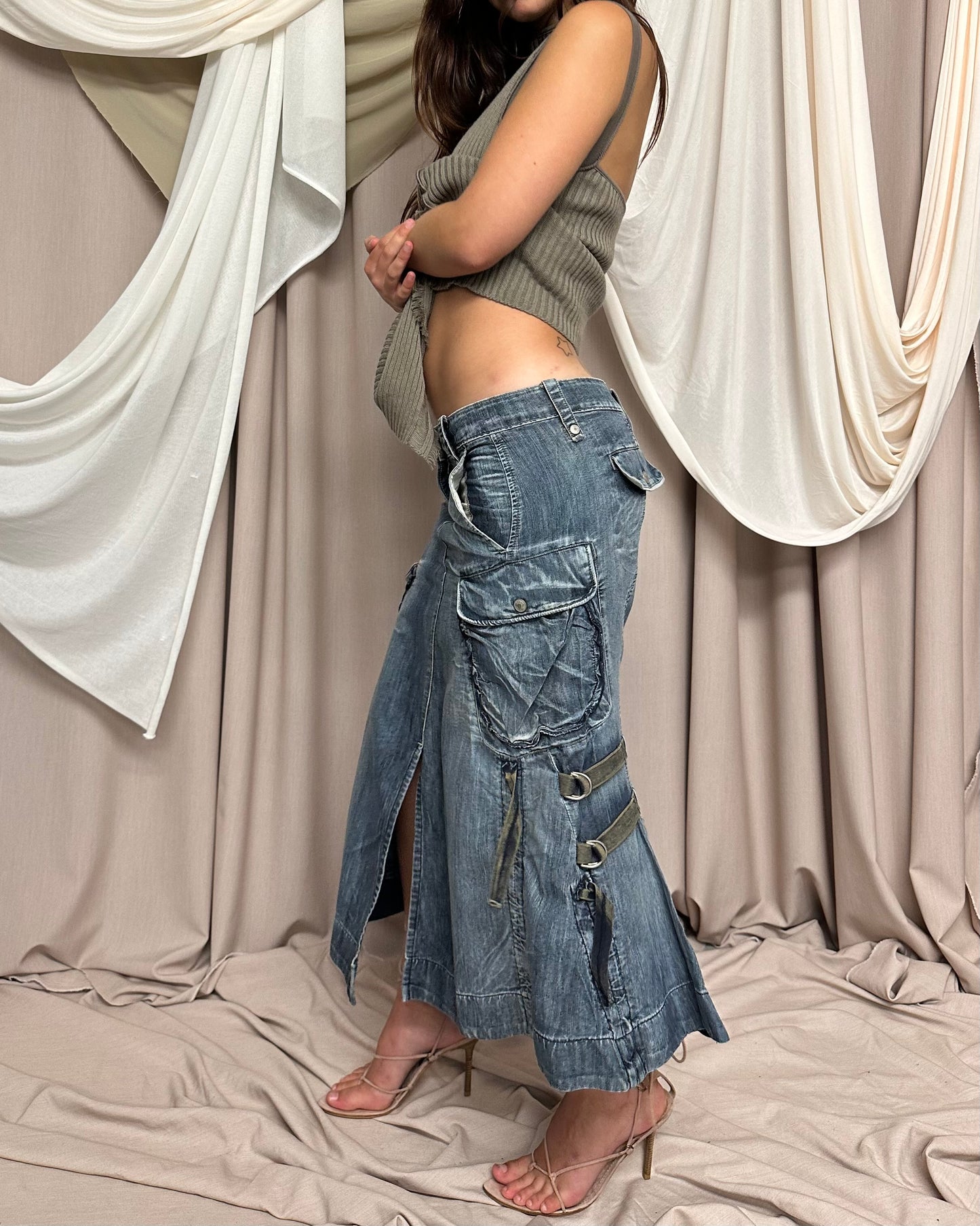 DENIM MAXI SKIRT WITH OVERSIZED SIDE POCKETS AND UTILITARIAN STRAPS by Marithé + François Girbaud