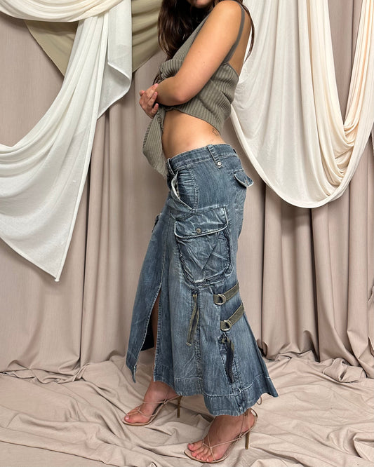 DENIM MAXI SKIRT WITH OVERSIZED SIDE POCKETS AND UTILITARIAN STRAPS by Marithé + François Girbaud