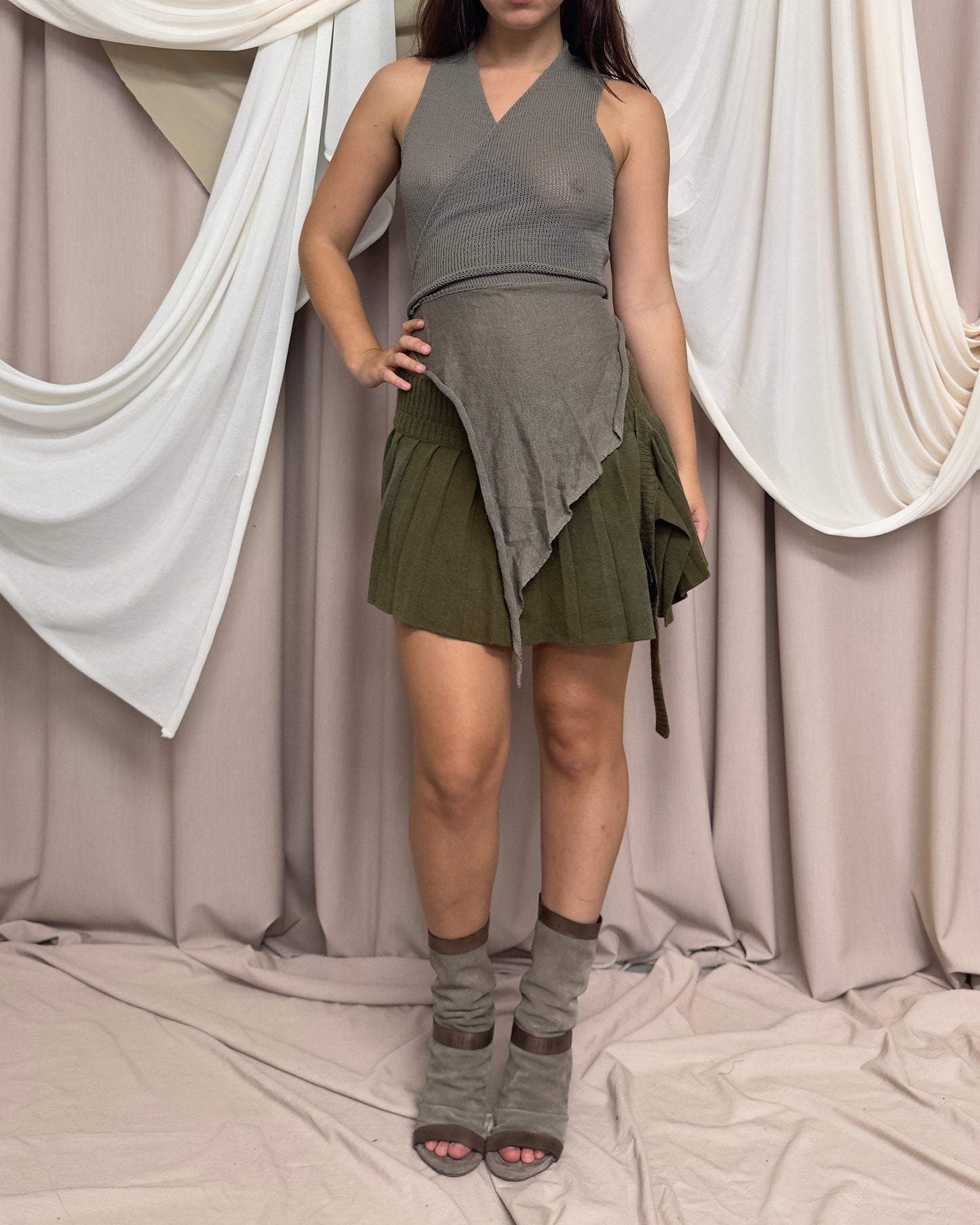 KHAKI MODULAR WRAP STYLE KNIT VEST by Sarah Pacini