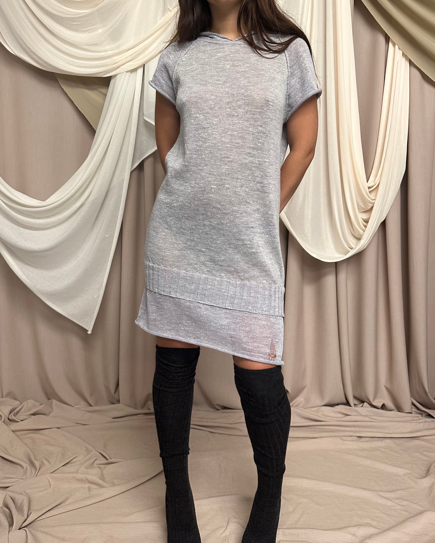SEMI SHEER HOODED METALLIC KNIT MINI DRESS by Sarah Pacini