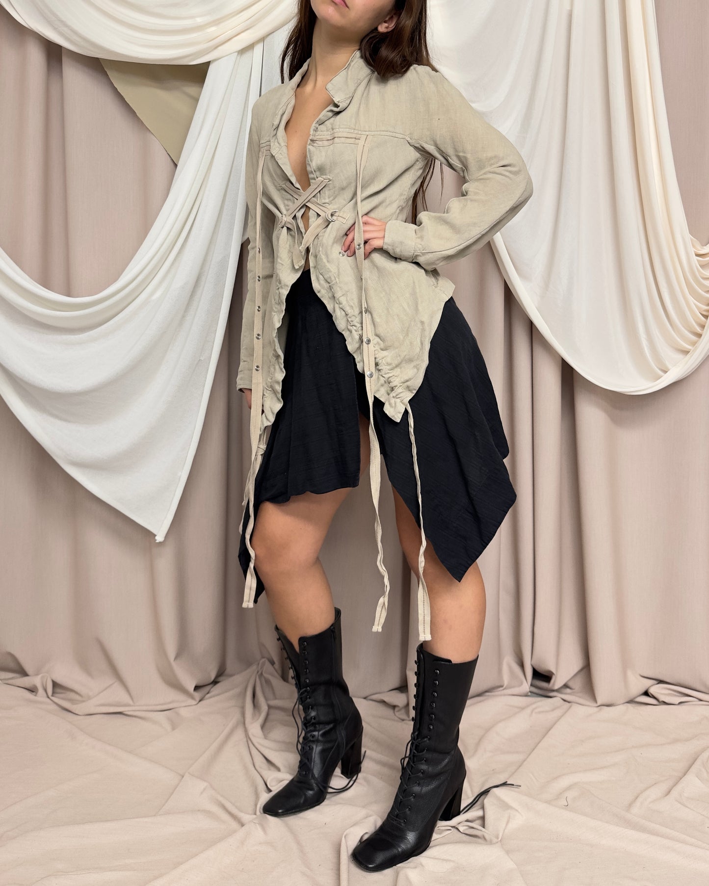 BEIGE LINEN LIGHTWEIGHT JACKET WITH ASYMMETRICAL HEM AND UTILITARIAN STRAPS by Marithé + François Girbaud