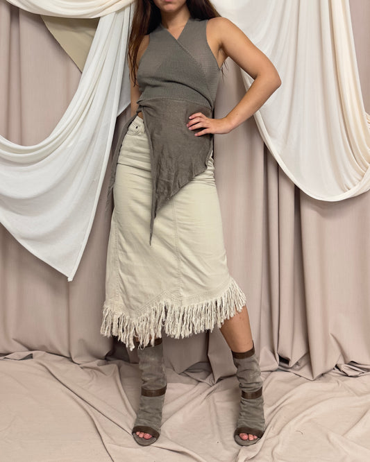 BEIGE ASYMMETRICAL FRINGE MIDI SKIRT by Plein Sud
