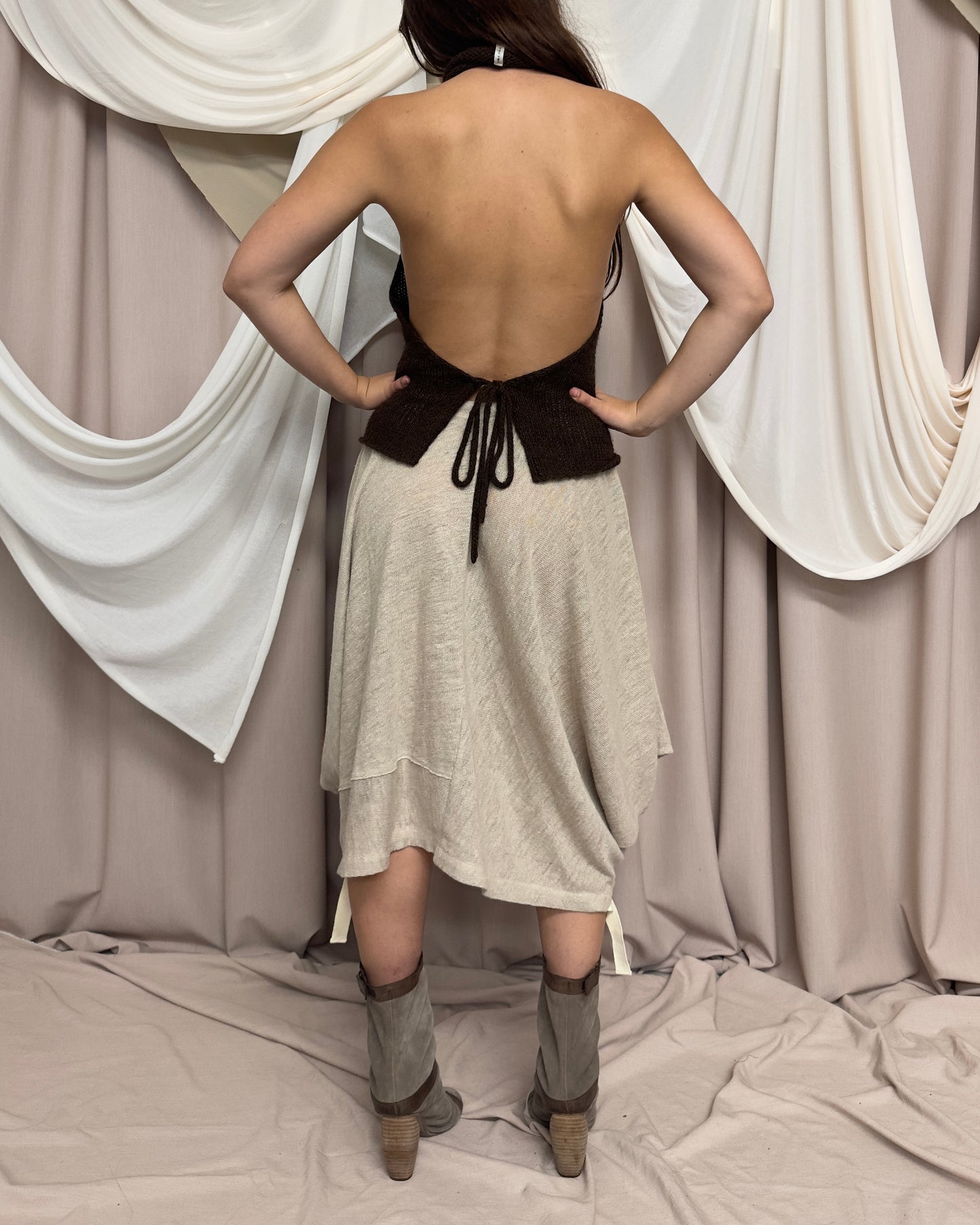OATMEAL KNIT PONCHO / SKIRT WITH GRAPHIC PRINT