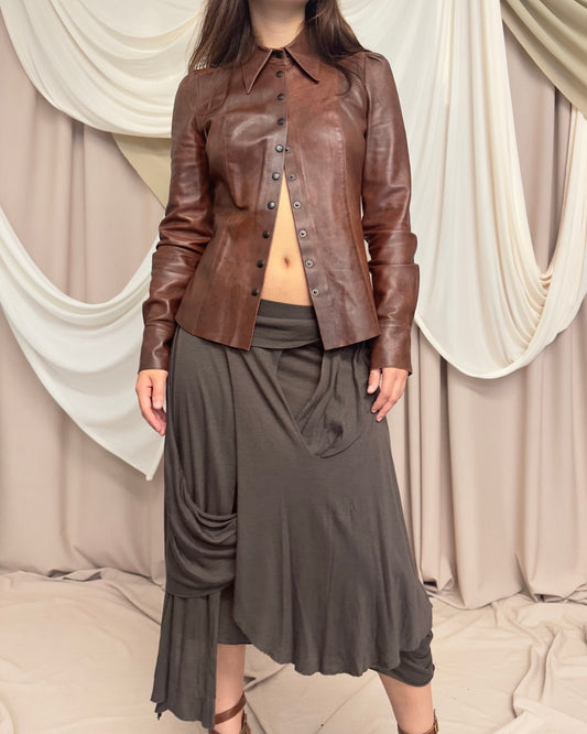 LEATHER SHIRT / JACKET WITH RAW CUT HEM AND POINTED COLLAR by Plein Sud