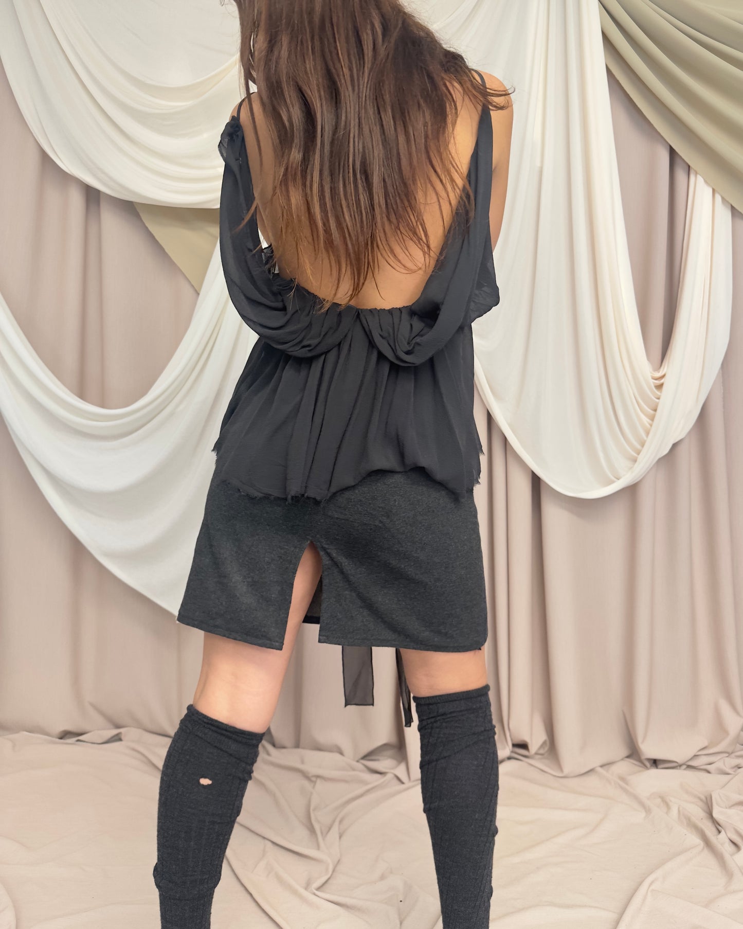 SHEER SILKY V-NECK CAMI WITH RAW HEMS