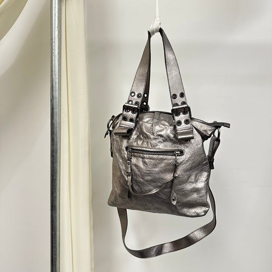 METALLIC SILVER LEATHER BAG WITH CHUNKY BUCKLES