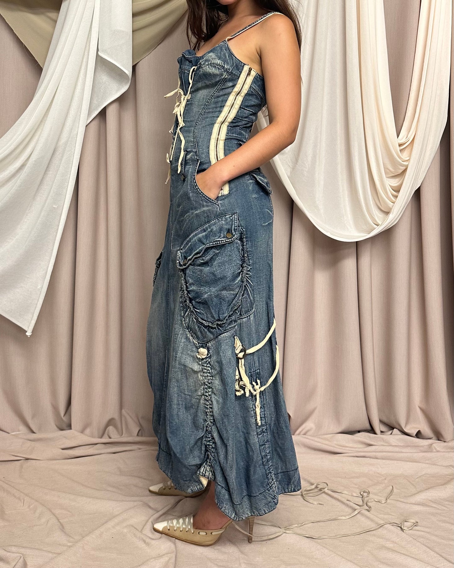DENIM CARGO STYLE MAXI DRESS WITH UTILITARIAN DETAILS