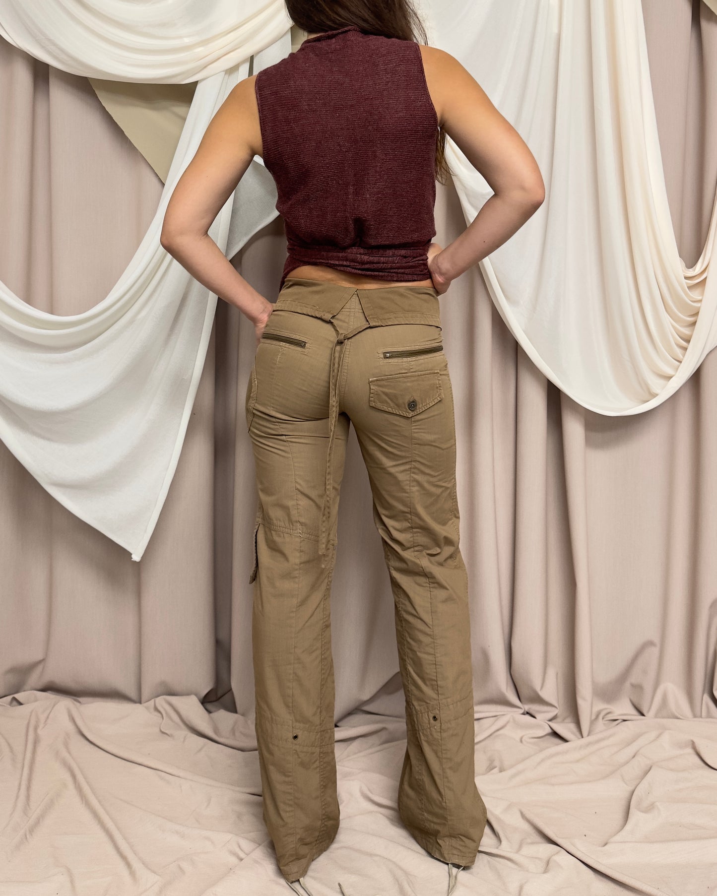 TAN STRAIGHT LEG TROUSERS WITH MILITARY STYLE DETAILS