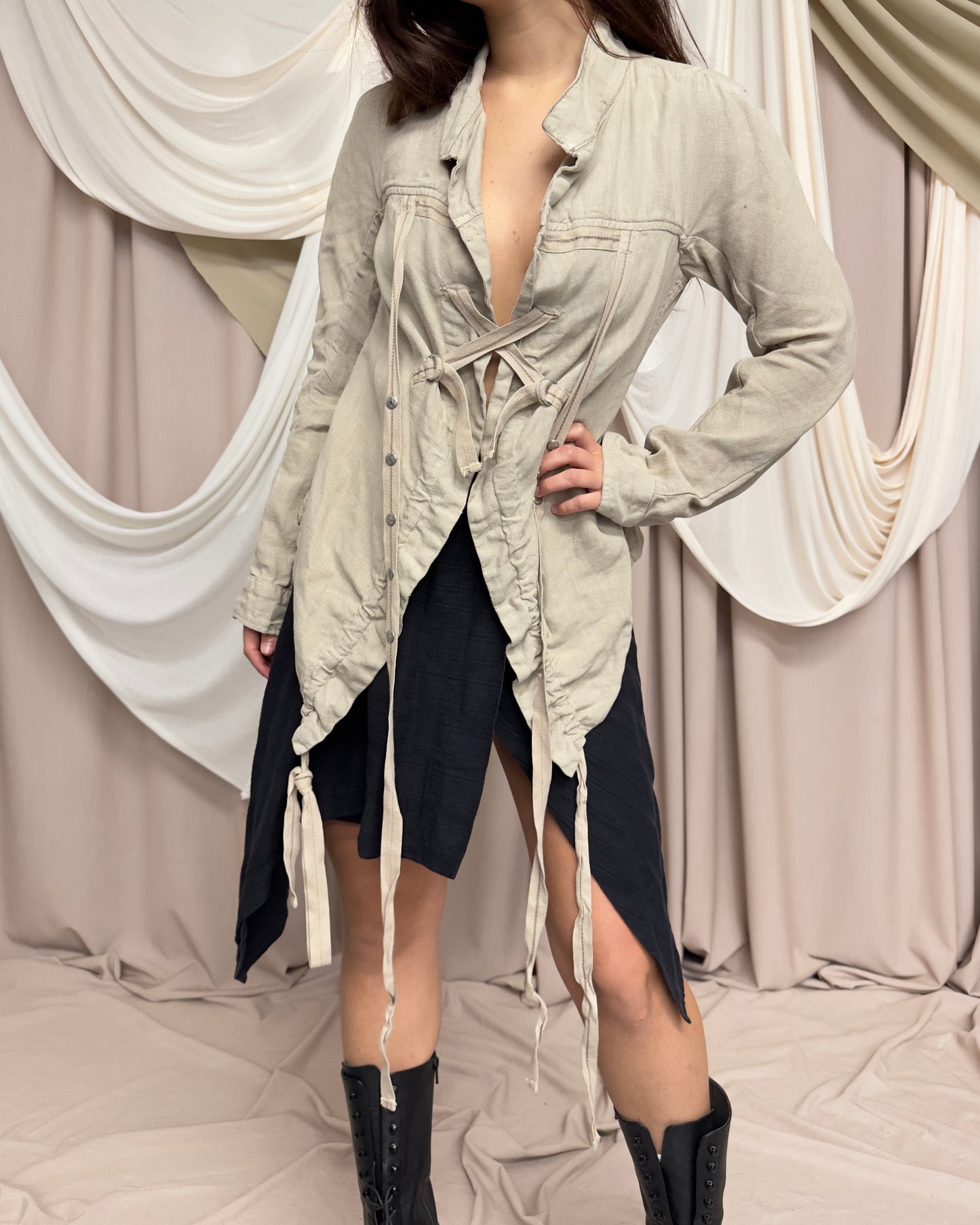 BEIGE LINEN LIGHTWEIGHT JACKET WITH ASYMMETRICAL HEM AND UTILITARIAN STRAPS by Marithé + François Girbaud