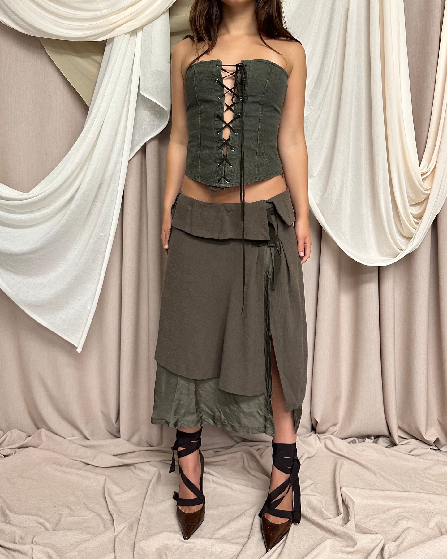 KHAKI STRUCTURED LACE UP CORSET WITH BROWN SUEDE TIES