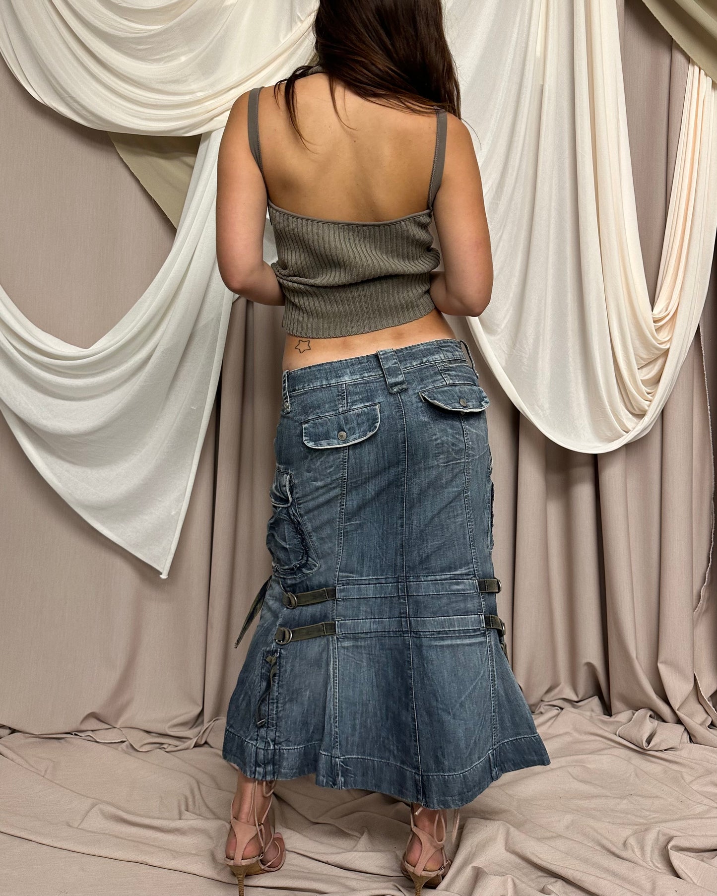 DENIM MAXI SKIRT WITH OVERSIZED SIDE POCKETS AND UTILITARIAN STRAPS by Marithé + François Girbaud