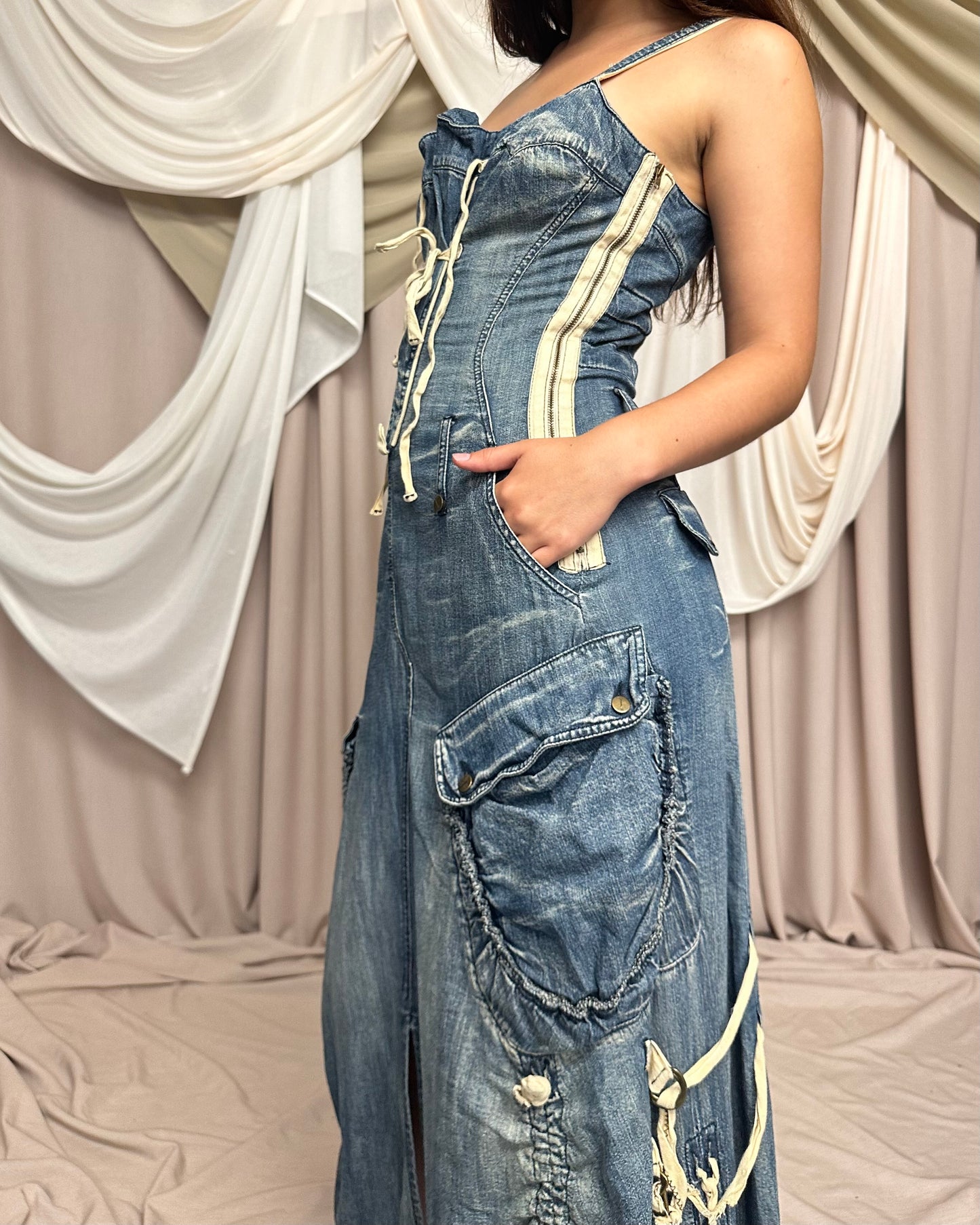 DENIM CARGO STYLE MAXI DRESS WITH UTILITARIAN DETAILS