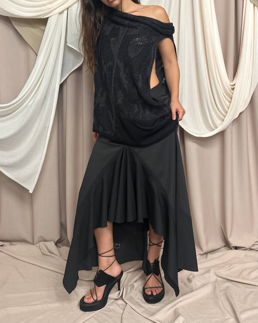 TAILORED MAXI SKIRT WITH DRAMATIC INNER LEG RUFFLE by Marithé + François Girbaud