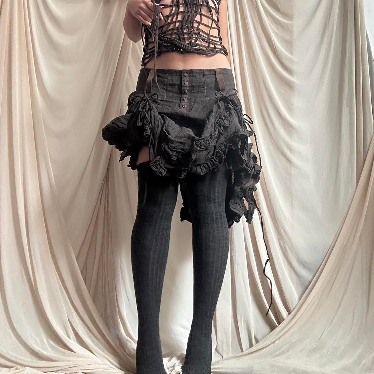 DARK BROWN METAL BLEND SKIRT WITH RUCHED DECONSTRUCTED DETAIL by Marithé + François Girbaud