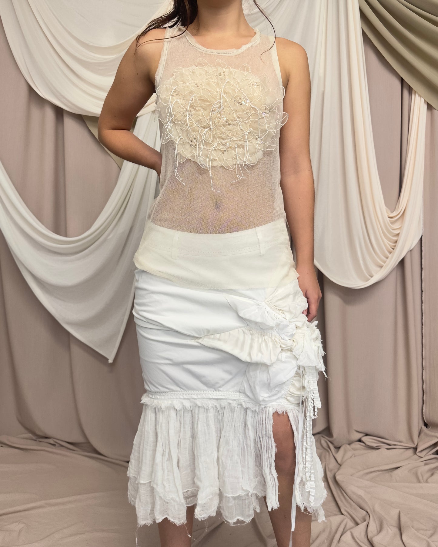 SHEER CREAM NET VEST WITH FLORAL APPLIQUÉ by Marithé + François Girbaud