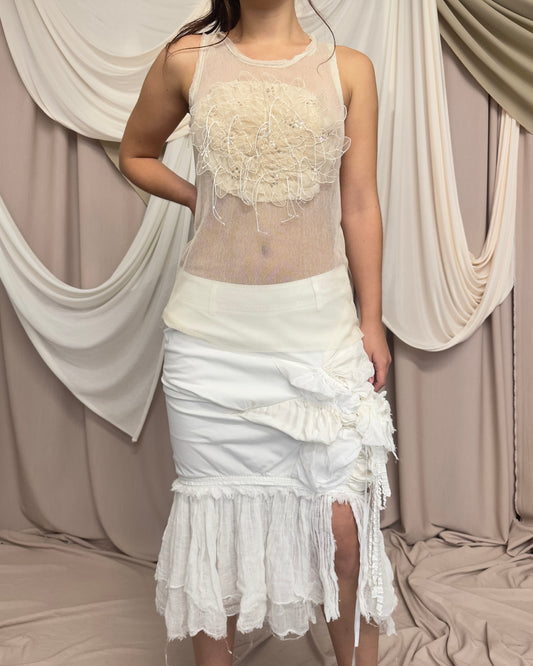 SHEER CREAM NET VEST WITH FLORAL APPLIQUÉ by Marithé + François Girbaud