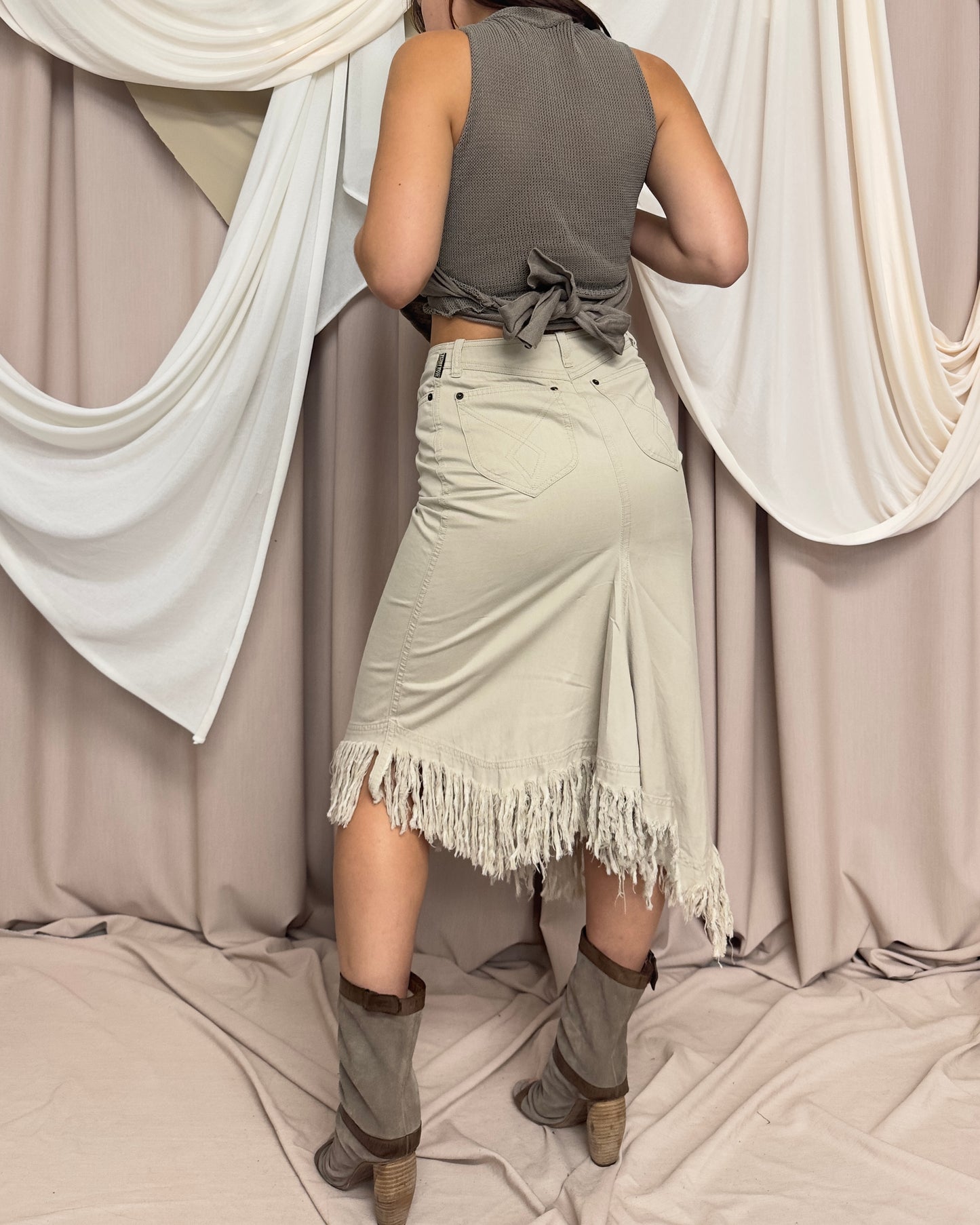 BEIGE ASYMMETRICAL FRINGE MIDI SKIRT by Plein Sud