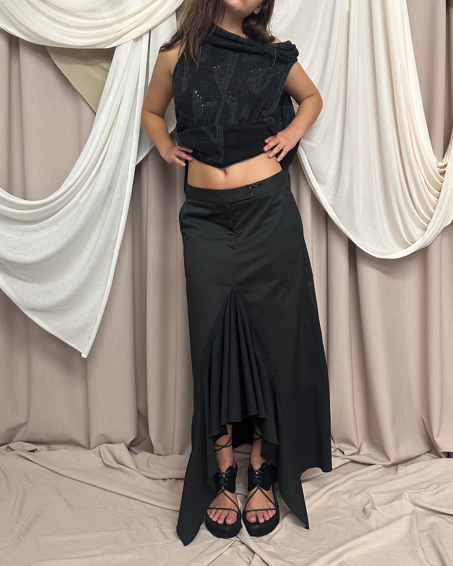 TAILORED MAXI SKIRT WITH DRAMATIC INNER LEG RUFFLE by Marithé + François Girbaud