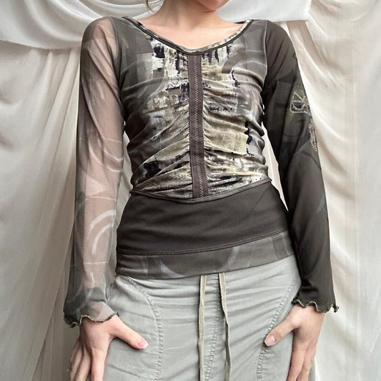 MULTITONED KHAKI MESH RIBCAGE TOP by Legatte