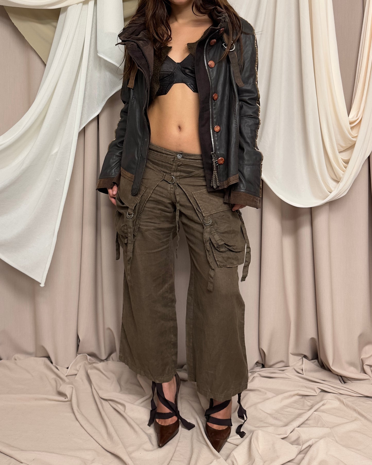 BROWN LEATHER 'BONDAGE' UTILITY STRAP COAT by Marithé + François Girbaud