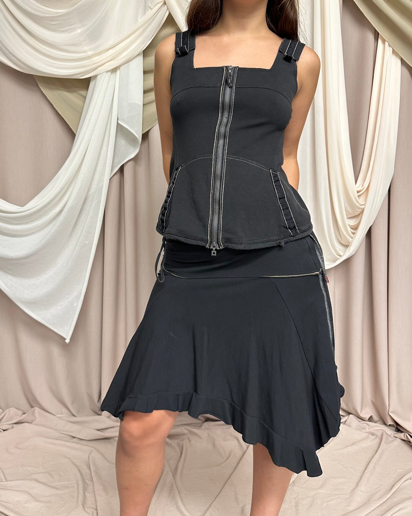 ASYMMETRICAL JERSEY MIDI SKIRT WITH RUFFLE HEM by Marithé + François Girbaud