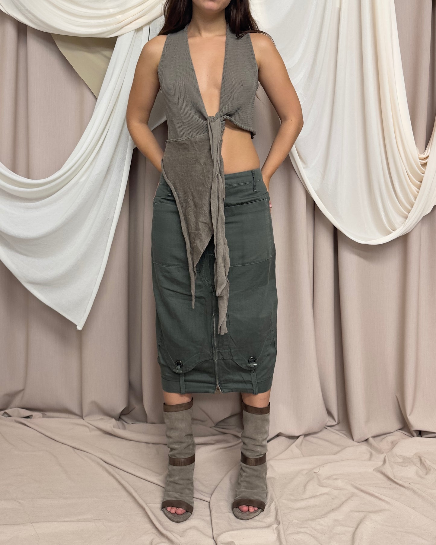 KHAKI MODULAR WRAP STYLE KNIT VEST by Sarah Pacini