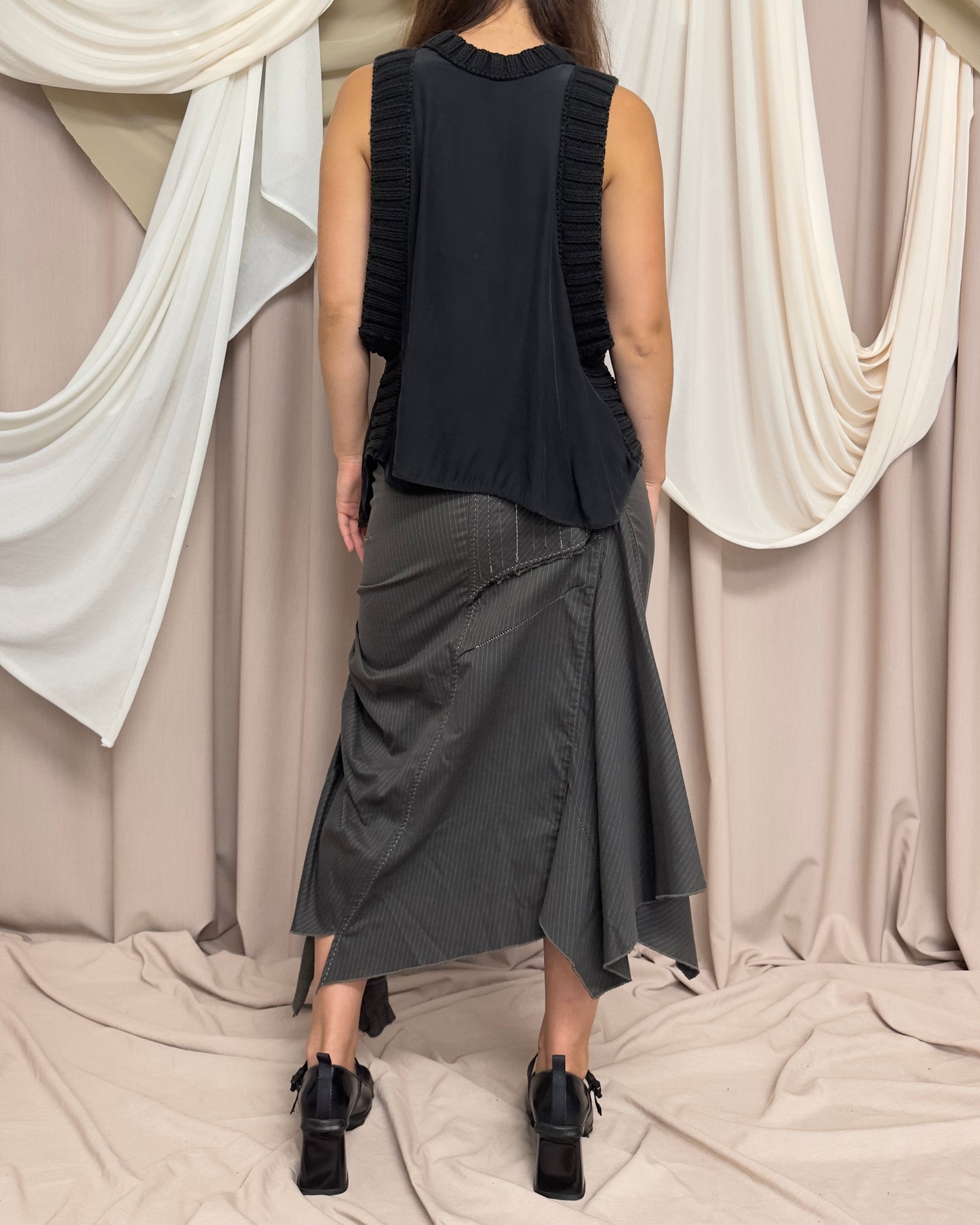 PINSTRIPED PANELLED MAXI SKIRT WITH DRAMATIC RUCHING by Marithé + François Girbaud