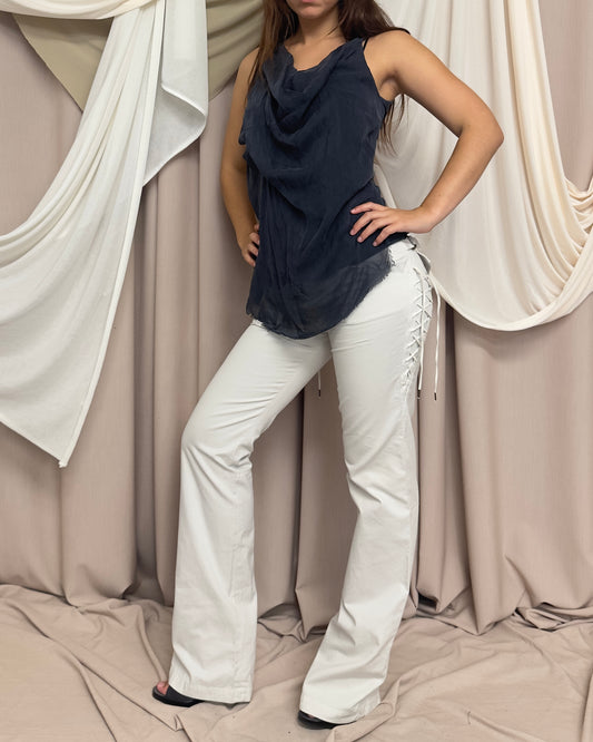 NAVY JERSEY VEST WITH DRAPED SILK FRONT PANEL