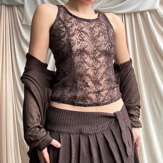 SHEER BROWN LACE VEST by Sarah Pacini