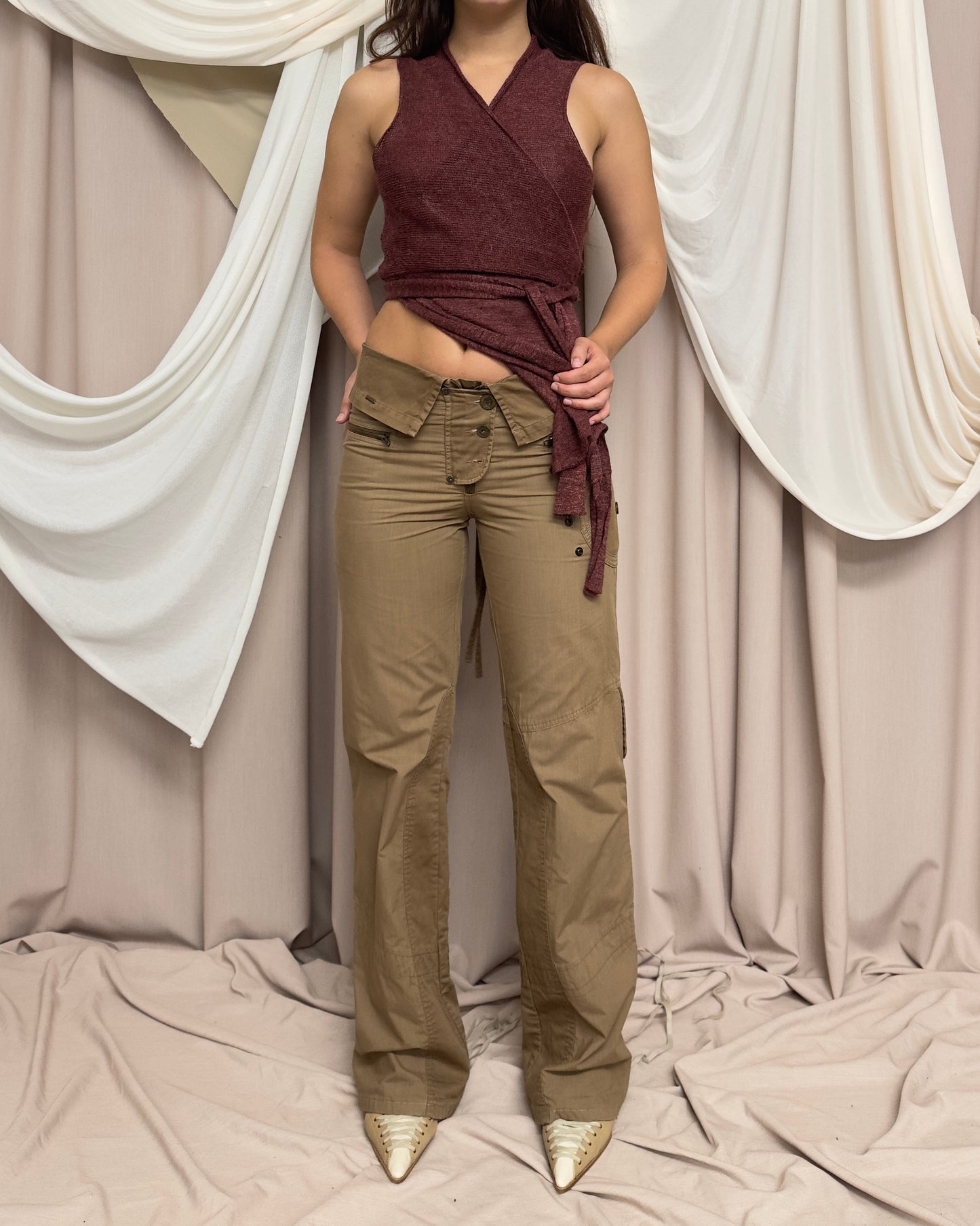 TAN STRAIGHT LEG TROUSERS WITH MILITARY STYLE DETAILS