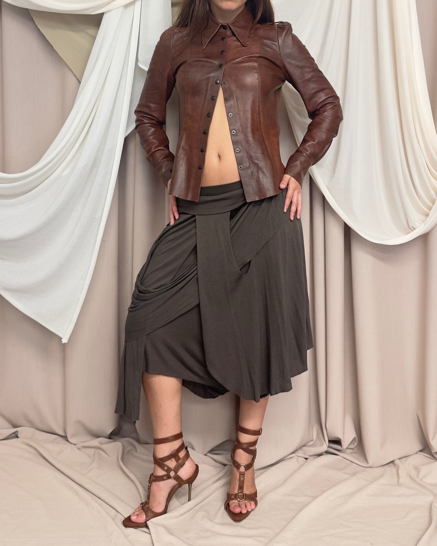 SOFT DRAPE JERSEY MIDI SKIRT WITH POINTED ASYMMETRICAL HEMS