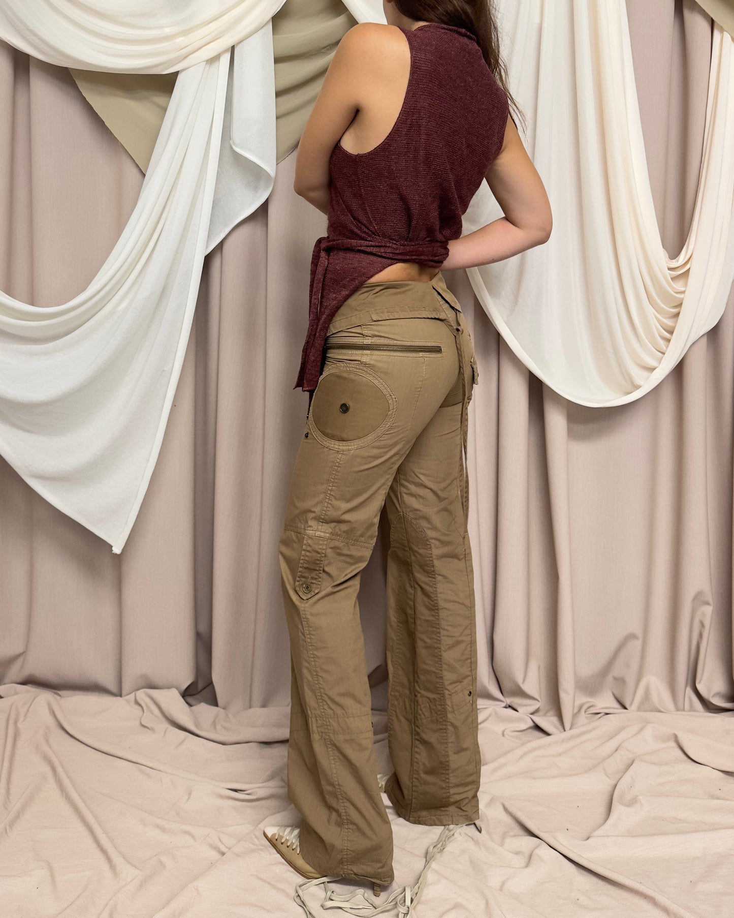TAN STRAIGHT LEG TROUSERS WITH MILITARY STYLE DETAILS
