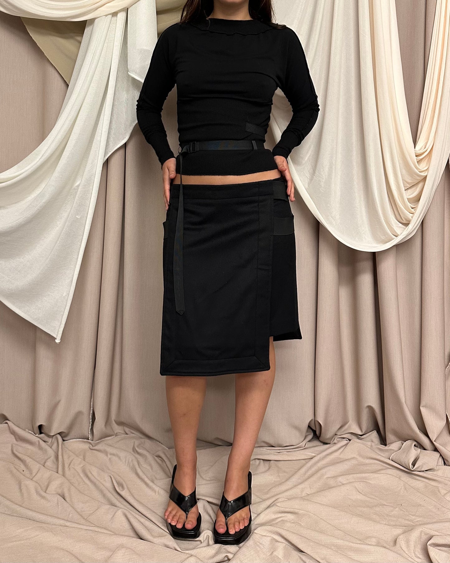 WOOL MIDI SKIRT WITH ELASTICATED UTILITY STRAPS by Armani