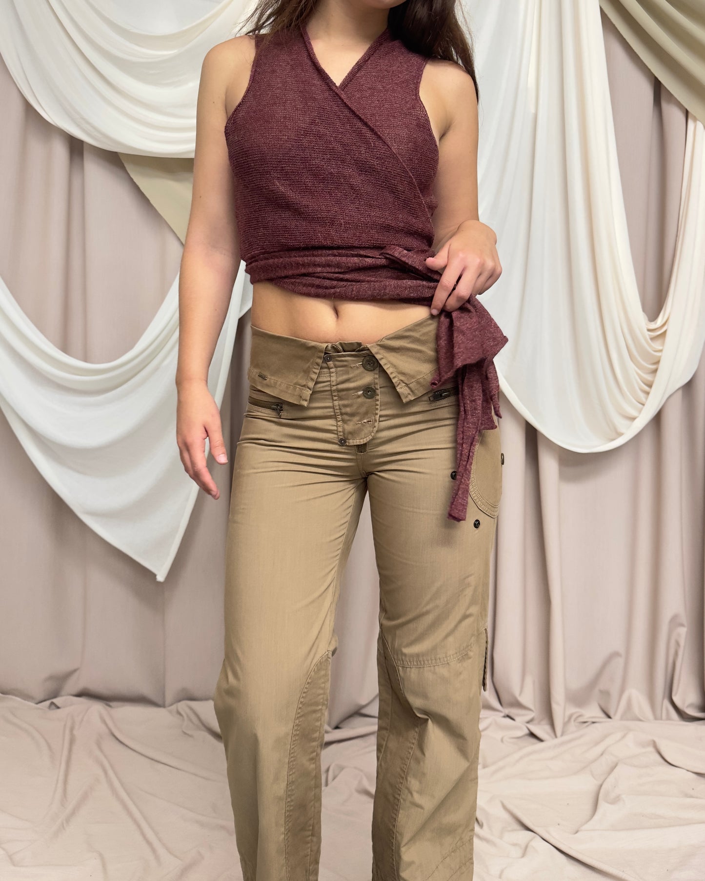 TAN STRAIGHT LEG TROUSERS WITH MILITARY STYLE DETAILS