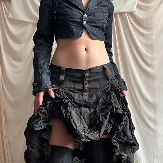 DARK BROWN METAL BLEND SKIRT WITH RUCHED DECONSTRUCTED DETAIL by Marithé + François Girbaud