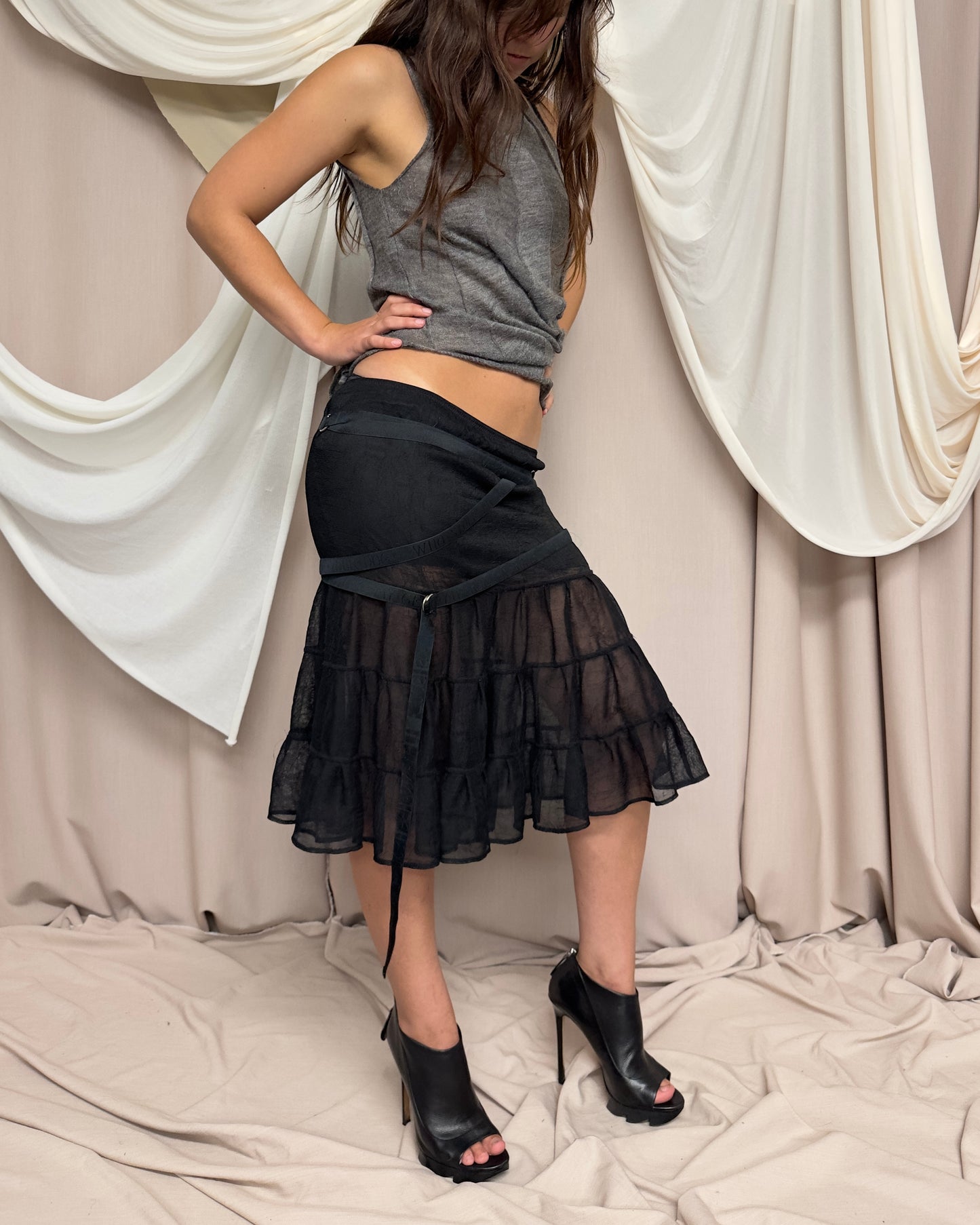 TULLE TIERED MIDI SKIRT WITH UTILITARIAN D-RING DETAILS by John Richmond