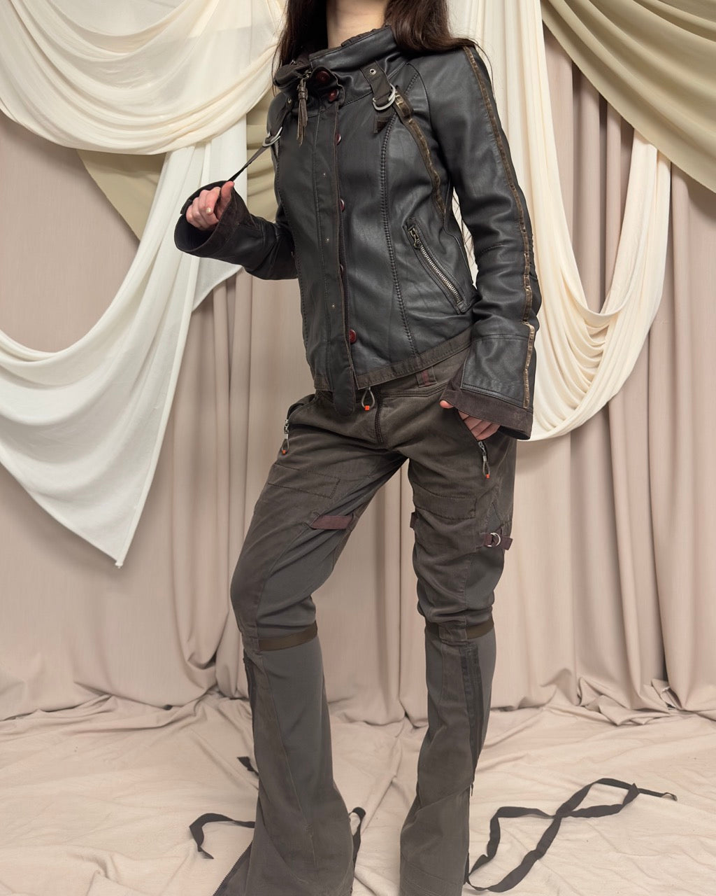 BROWN LEATHER 'BONDAGE' UTILITY STRAP COAT BY MARITHÉ + FRANÇOIS GIRBAUD