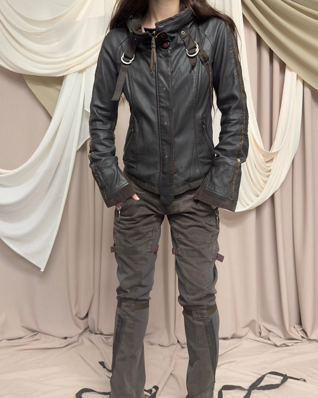 BROWN LEATHER 'BONDAGE' UTILITY STRAP COAT BY MARITHÉ + FRANÇOIS GIRBAUD