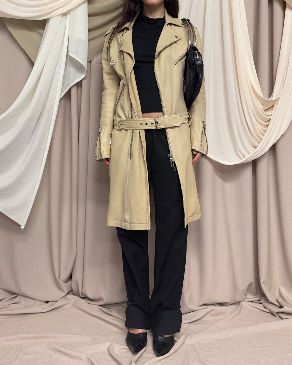 CREAM LEATHER TRENCH COAT BY PLEIN SUD