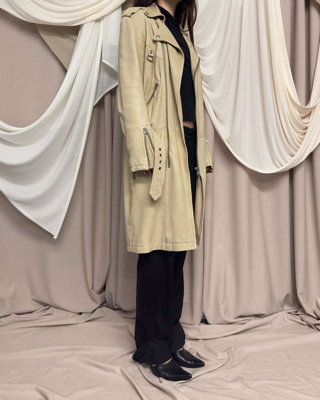 CREAM LEATHER TRENCH COAT BY PLEIN SUD