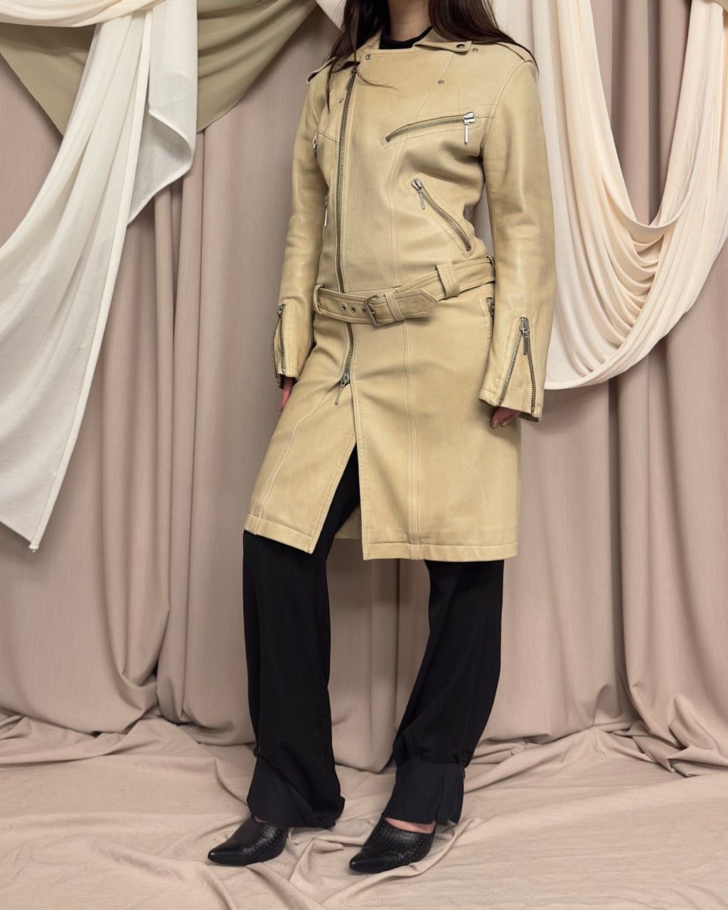 CREAM LEATHER TRENCH COAT BY PLEIN SUD
