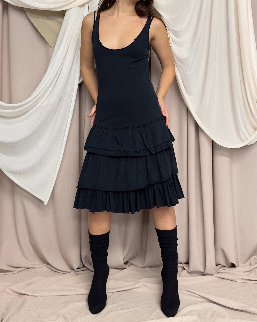 BLACK JERSEY DRESS WITH RUFFLED SKIRT by Marithé + François Girbaud