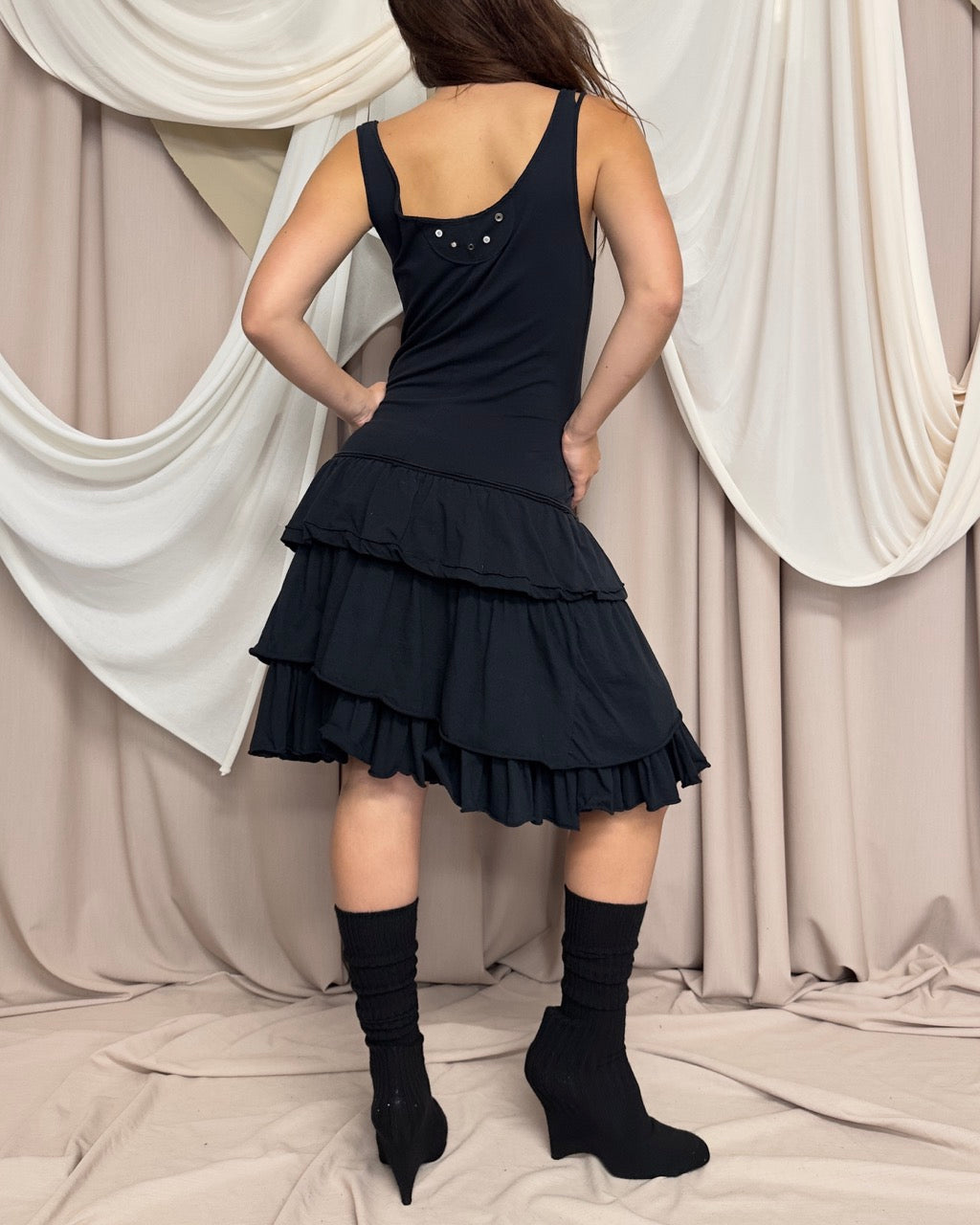 BLACK JERSEY DRESS WITH RUFFLED SKIRT by Marithé + François Girbaud