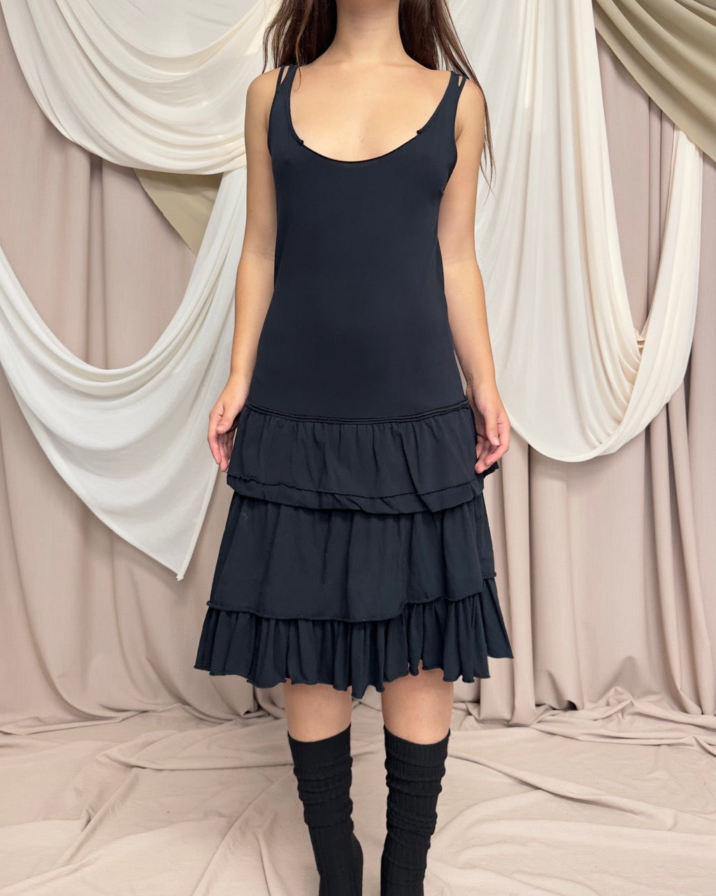 BLACK JERSEY DRESS WITH RUFFLED SKIRT by Marithé + François Girbaud