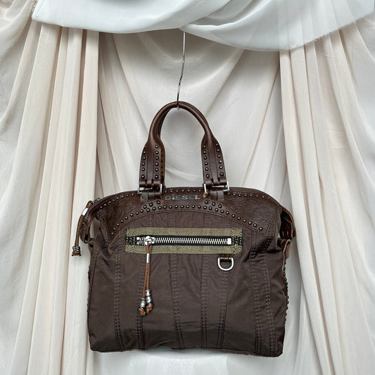 BI-MATERIAL LEATHER + NYLON MEDIEVAL SHOULDER BAG IN BROWN by Diesel