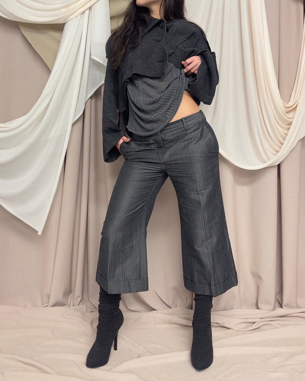 GREY PINSTRIPE CROPPED TROUSERS by Alexander McQueen